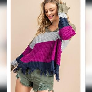 Ee:some Womens Distressed Crochet Colorblock Oversized Sweater M/L